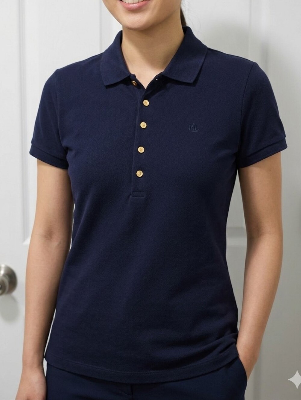 Lauren Ralph Lauren Navy Blue Gold Button Short Sleeve Polo Shirt L NWT